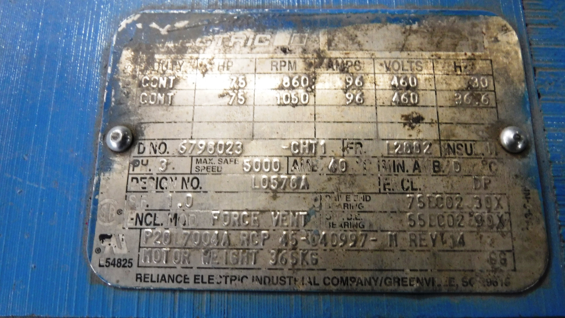 Reliance 75 HP 1800 RPM L2882 Squirrel Cage Motors 82209